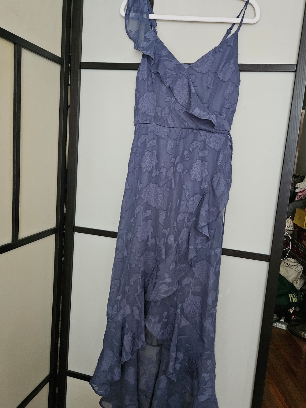 BCX Dusty Blue Floral Asymmetrical Ruffle Dress